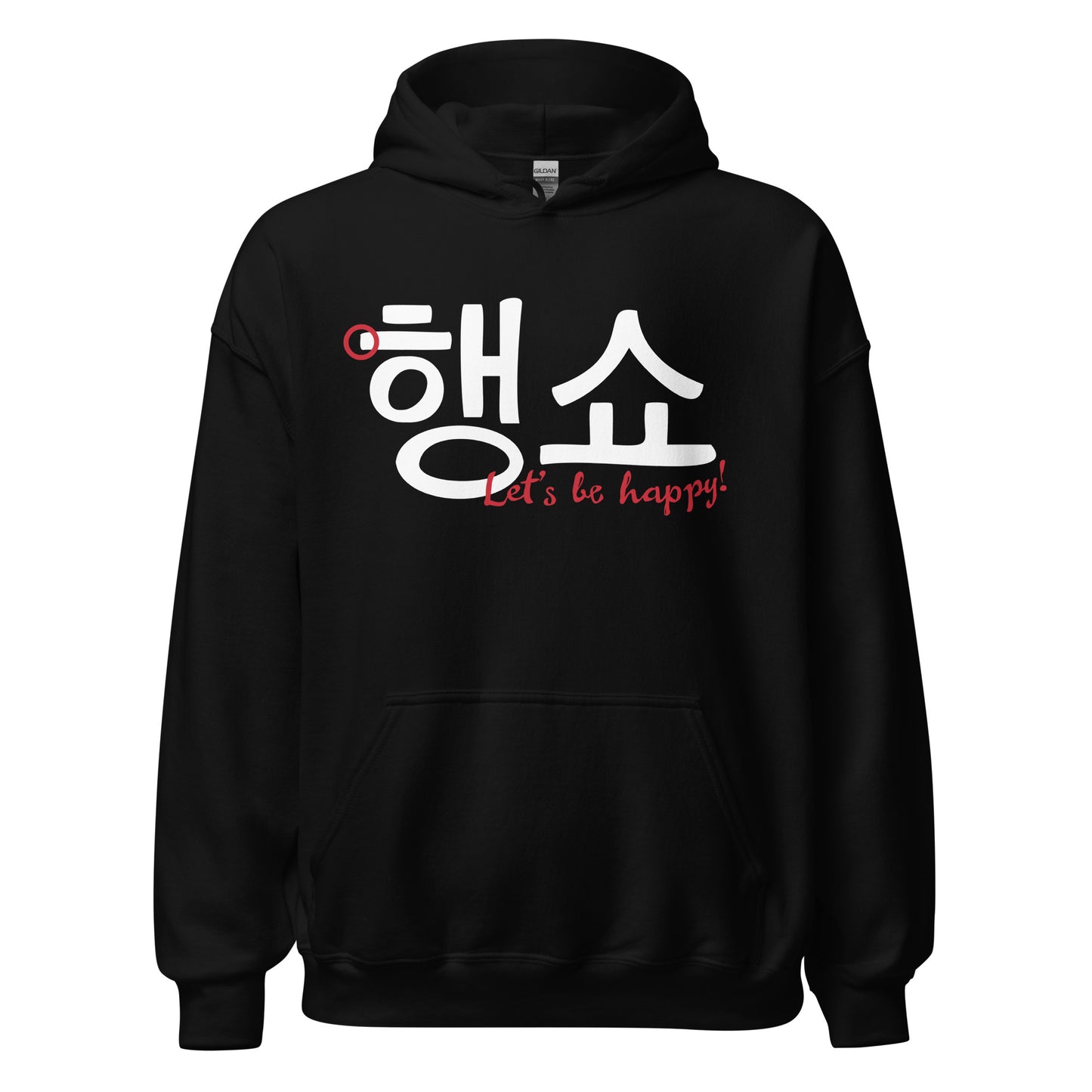 Black hoodie with the expression 'Let's be happy!' in Hangul and English on the front