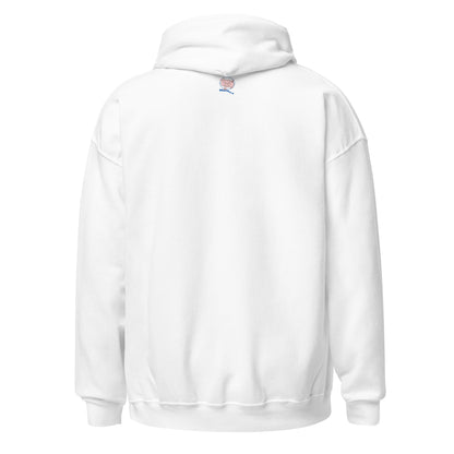 White hoodie with small Mwohae logo on the back