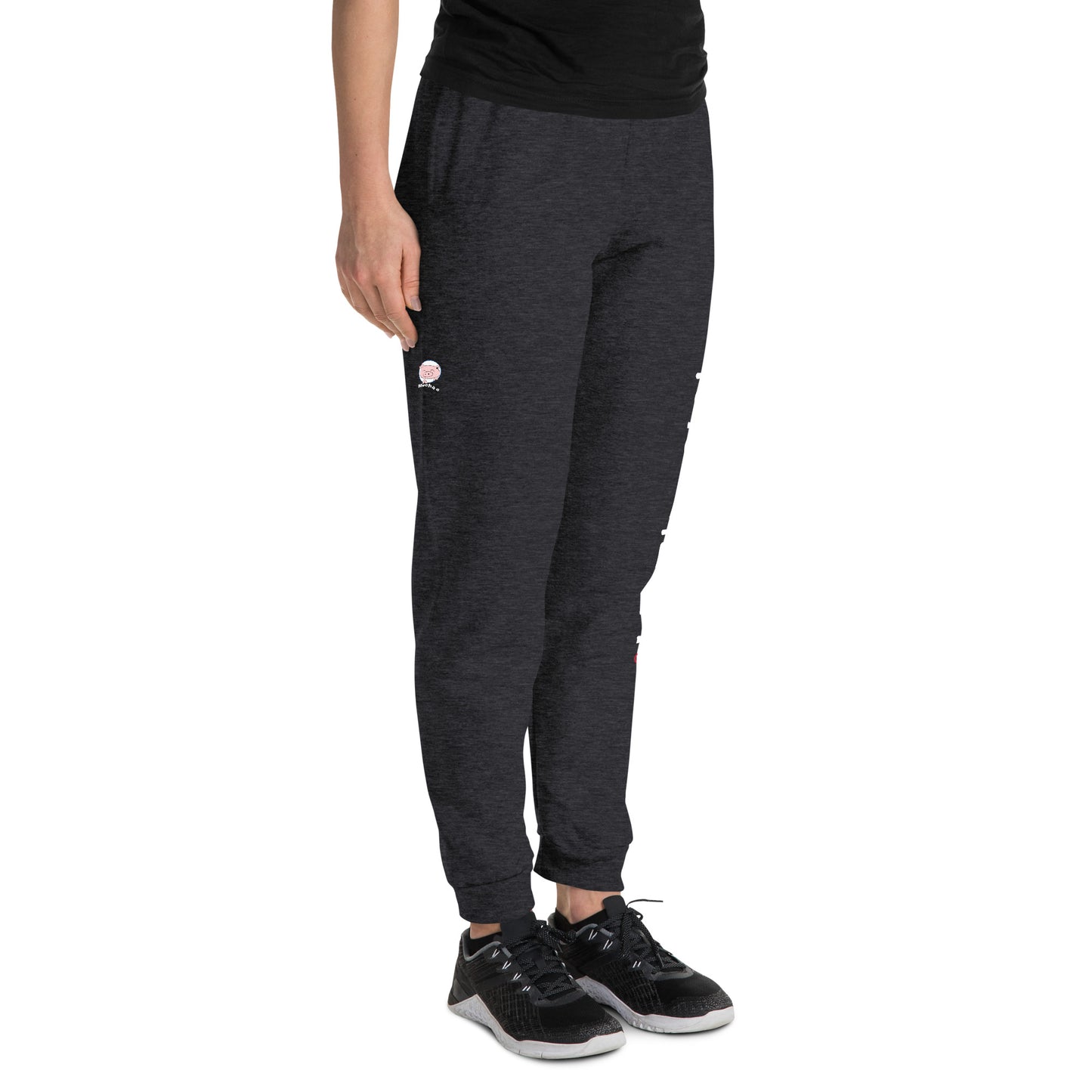 Heather black joggers with small Mwohae logo on the right leg