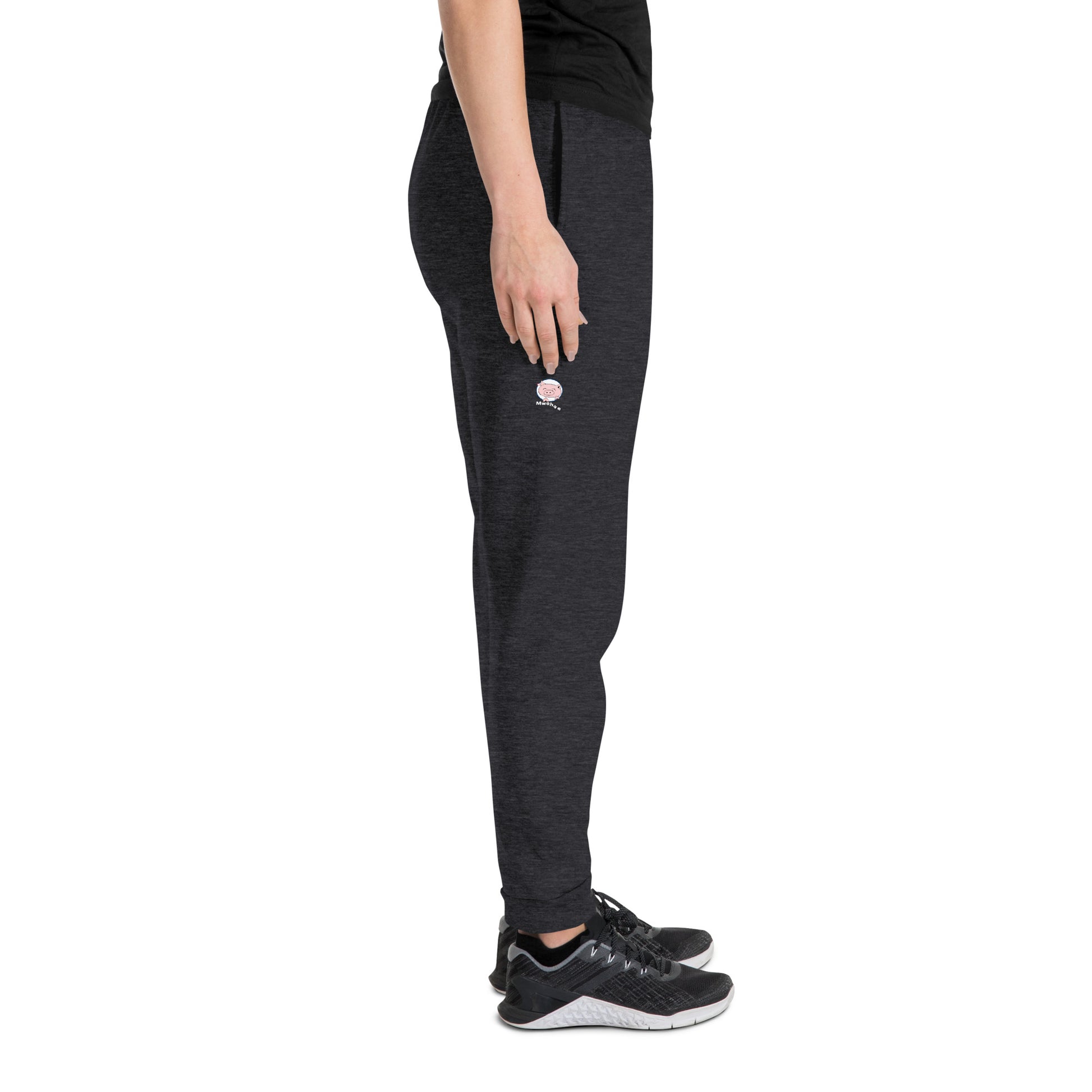 Black heather pair of joggers with small Mwohae logo on the right leg