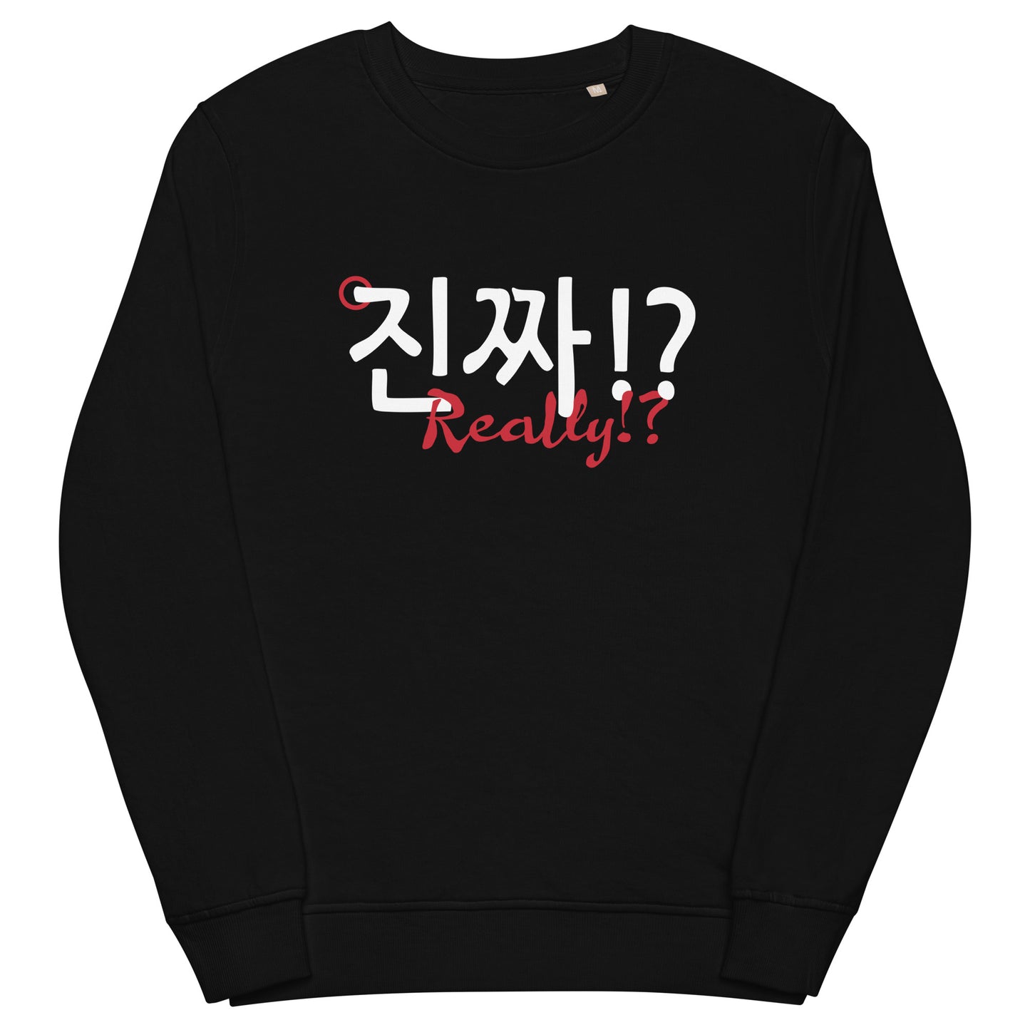 Extra soft black longsleeve with the phrase 'Really!?' in English and Hangul in large print on the back