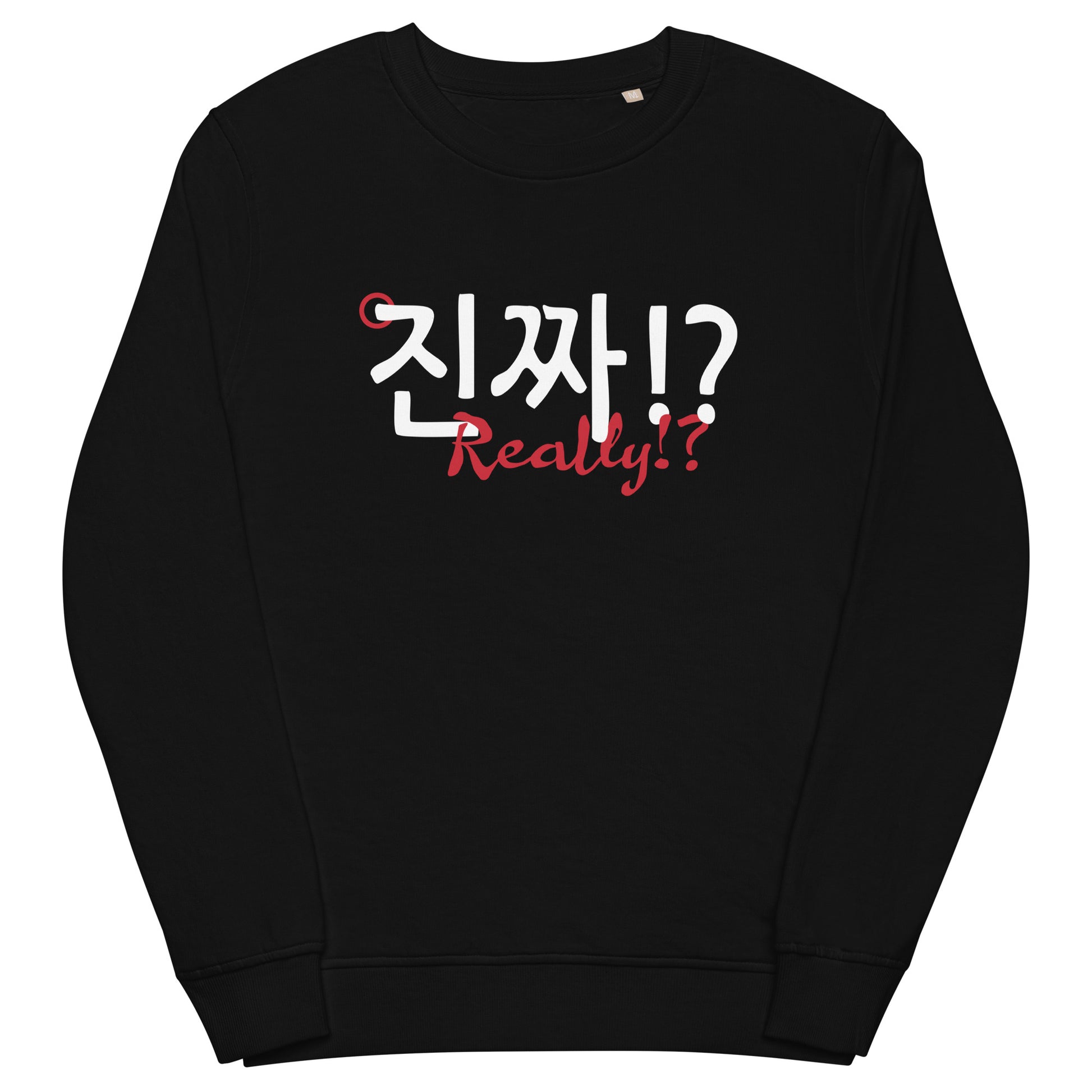 Extra soft black longsleeve with the phrase 'Really!?' in English and Hangul in large print on the back