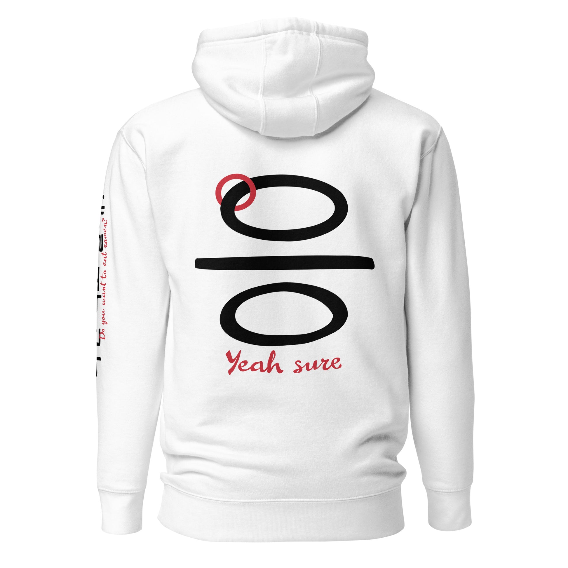 White hoodie with the expression 'Yeah sure' in Hangul and English on the back