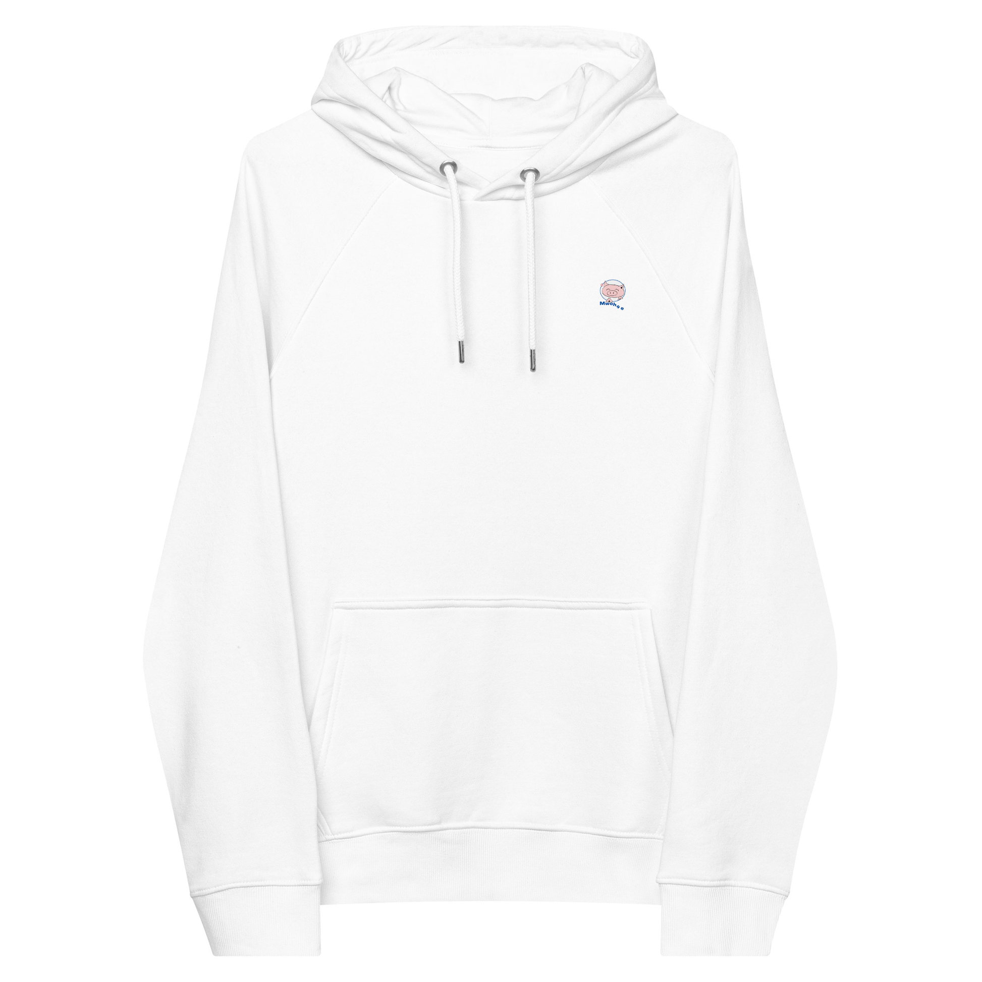 White extra soft hoodie with small Mwohae logo on the left chest